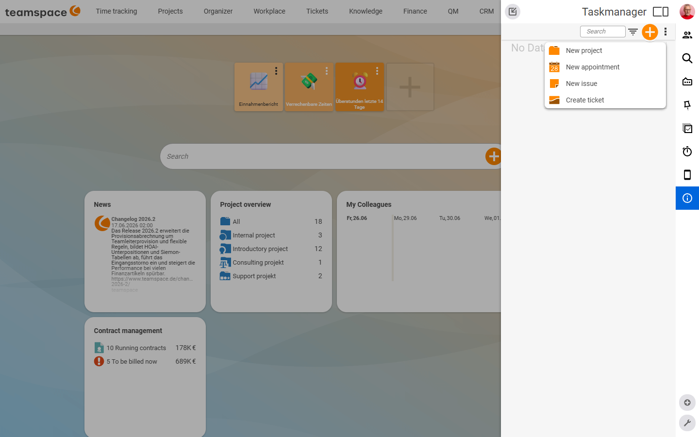 Task manager with the '+' drop-down open at the top right: the options New project, New appointment, New open item and Create ticket; in the background the overview grouped by type