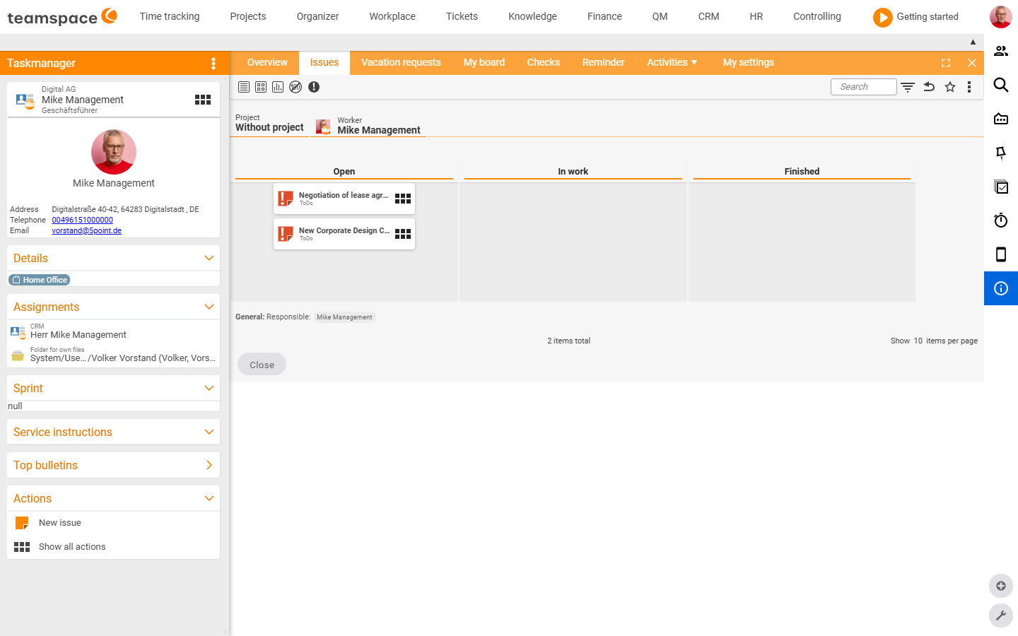 The Open items tab in the task manager as a board with the status columns Open, In progress and Done; at the top the split by project (here 'No project') and assignee, two ToDo cards in 'Open'