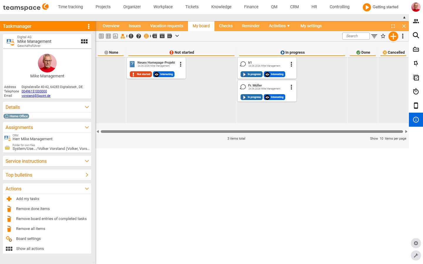 The 'My pin board' tab in the task manager: cards (New homepage project, b1, Ms Müller) spread across the status columns None, Open, In progress, Done and Cancelled