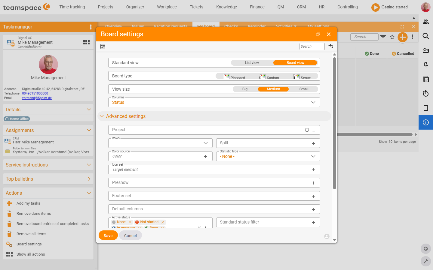 The pin board's Settings dialog: Standard view (list/tile view), Board type (pin board/Kanban/Scrum), view size and 'Columns: Status' as well as advanced settings (Active statuses, Group, Categories)