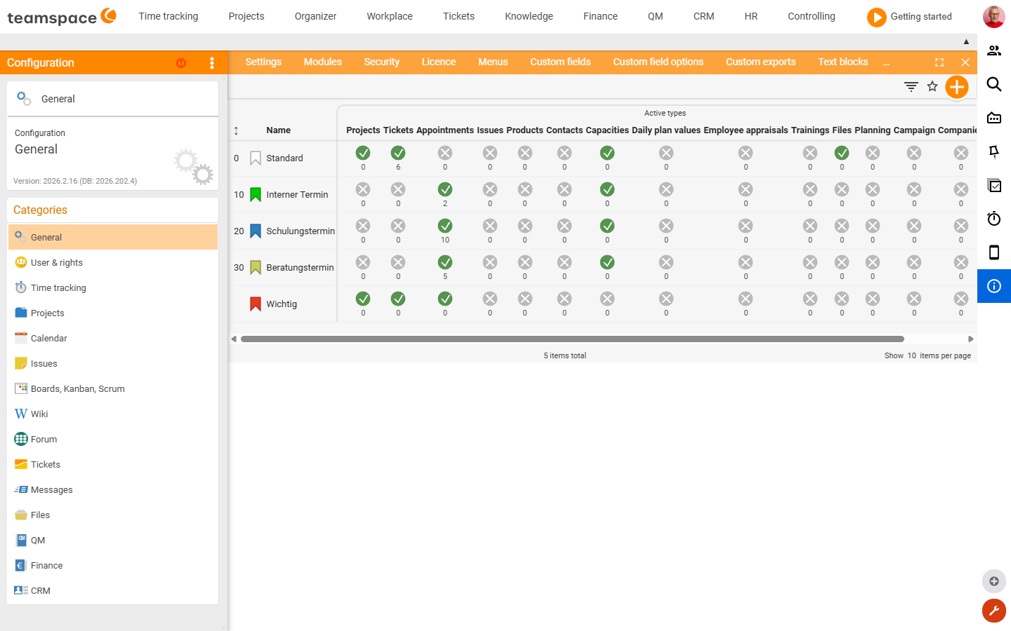 Configuration General Colour markers: a list of colours (Standard, Internal appointment, Important …) with columns per element type, including Open items