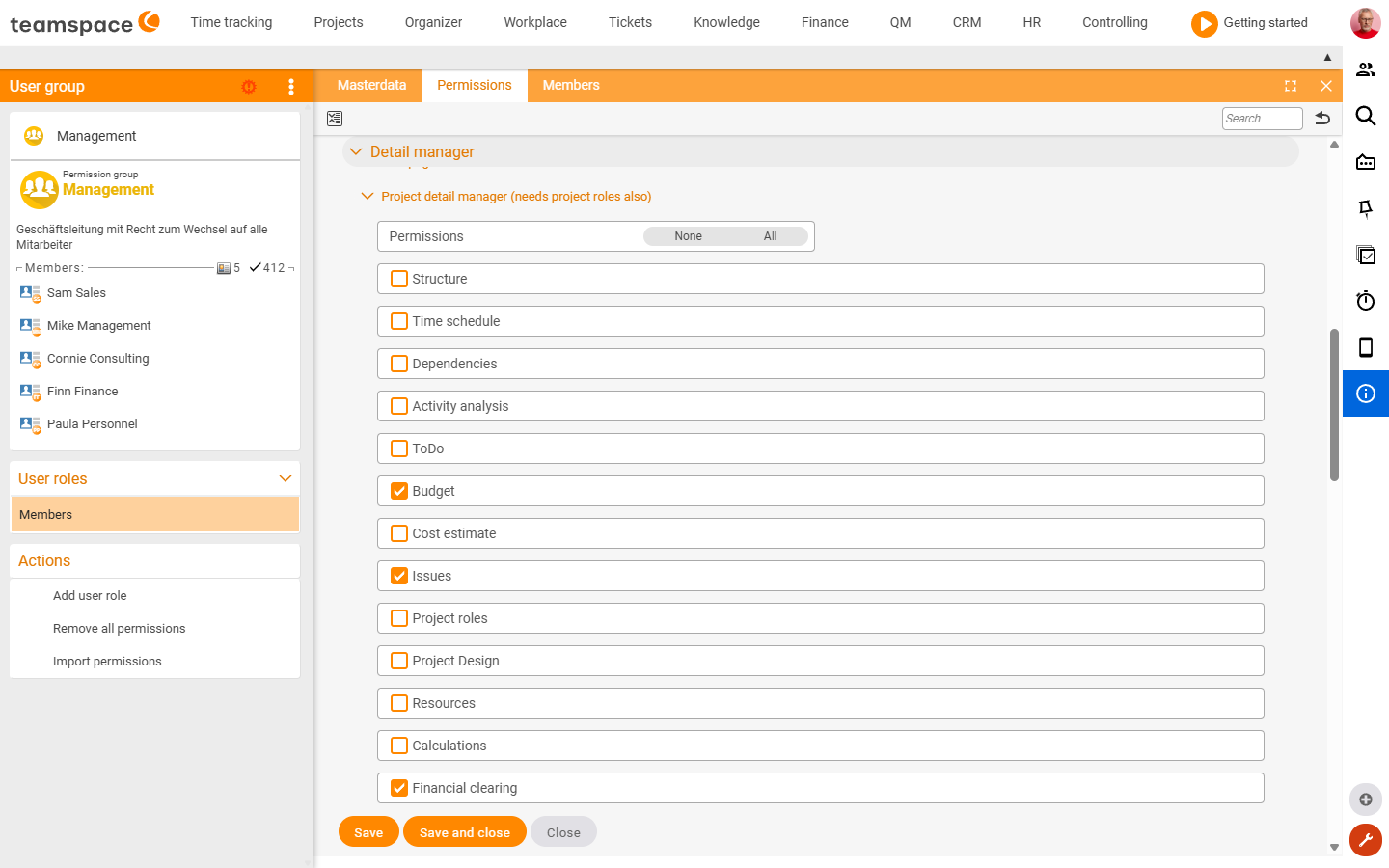 User group 'Management', 'Permissions' tab, 'Project detail manager' section: the 'Open items' checkbox is ticked (next to fields such as Structure, Schedule, Budget, Project roles)