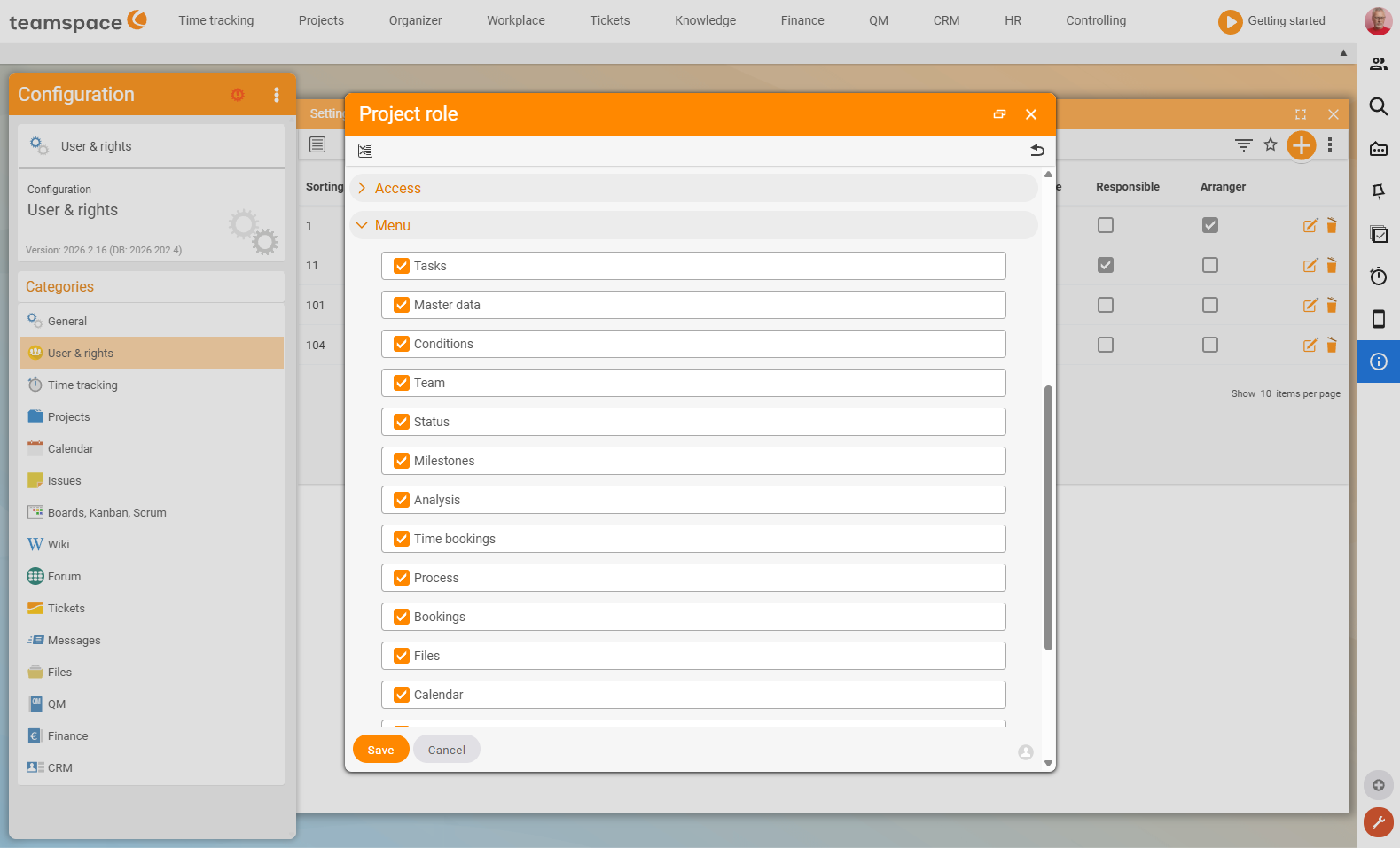 'Project role' dialog, 'Menu' section: the 'Open items' checkbox is ticked (next to Master data, Team, Status, Times, Activities, Files, Forum …)