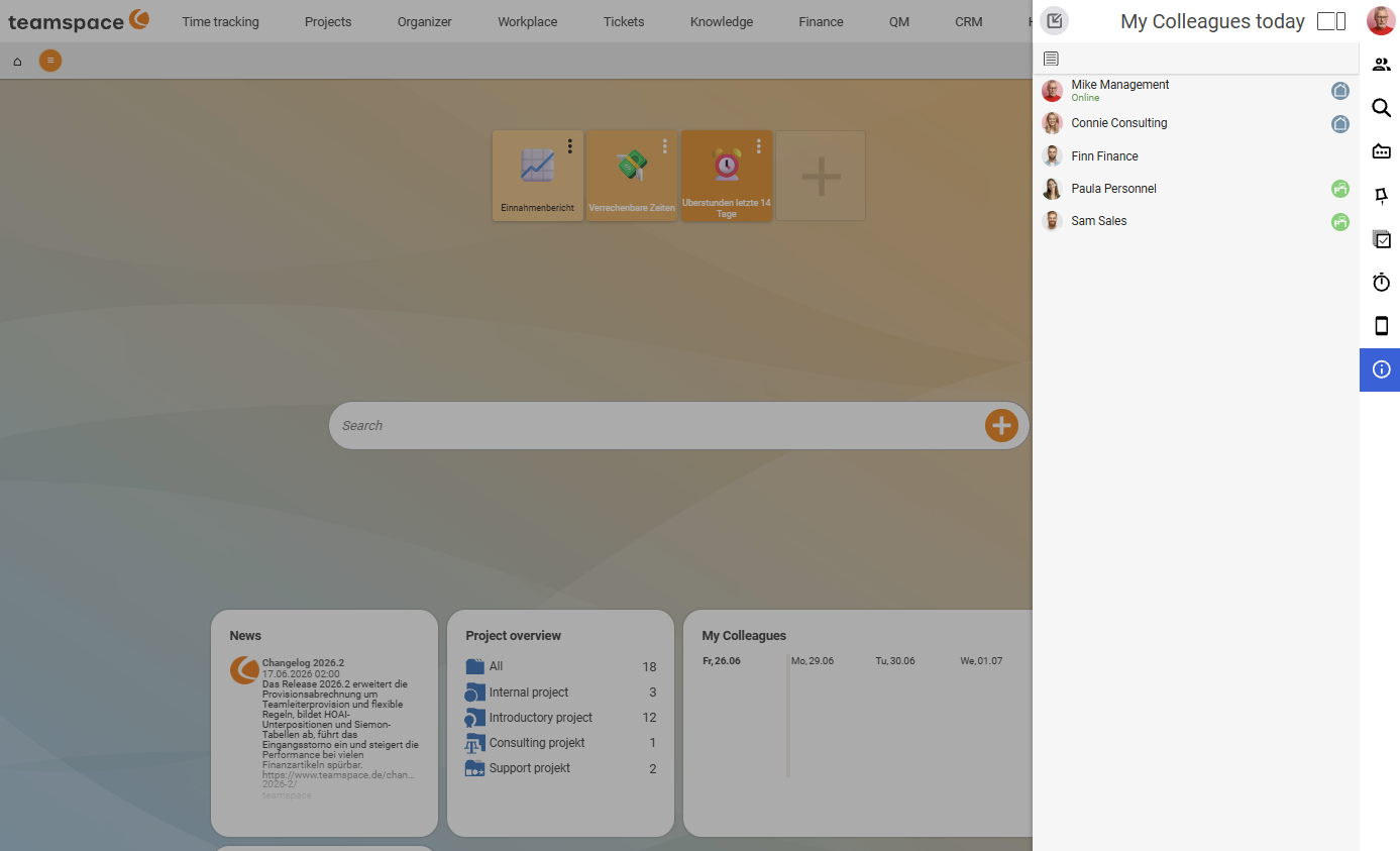 My colleagues today panel at the top right of the home portal with the logged-in colleagues (Volker Vorstand online, Barbara Beratung, Finn Finanzen, Pia Personal, Viktor Vertrieb)
