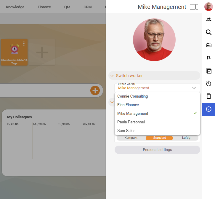 Personal settings with the expanded staff change selection field; the choices are Barbara Beratung, Finn Finanzen, Pia Personal, Viktor Vertrieb and the active Volker Vorstand