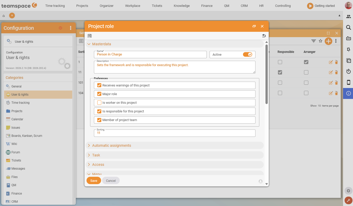 System configuration, Users & rights category with the tab row Settings, Users, User groups, Group rights, Project roles, Skills and Employee attributes