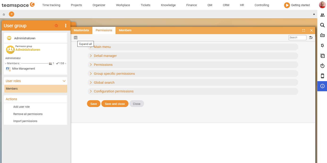 Permissions tab of a user group with the top-level accordions Main menu, Detail manager (expanded), Permissions, Group-specific permissions and Global search