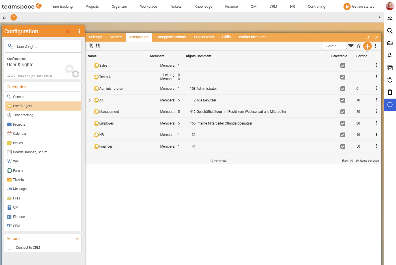 User groups tab with the group list (Sales, Administrators, All, Management, Employees, HR, Finance) and the columns Name, Members, Rights, Selectable, Sorting