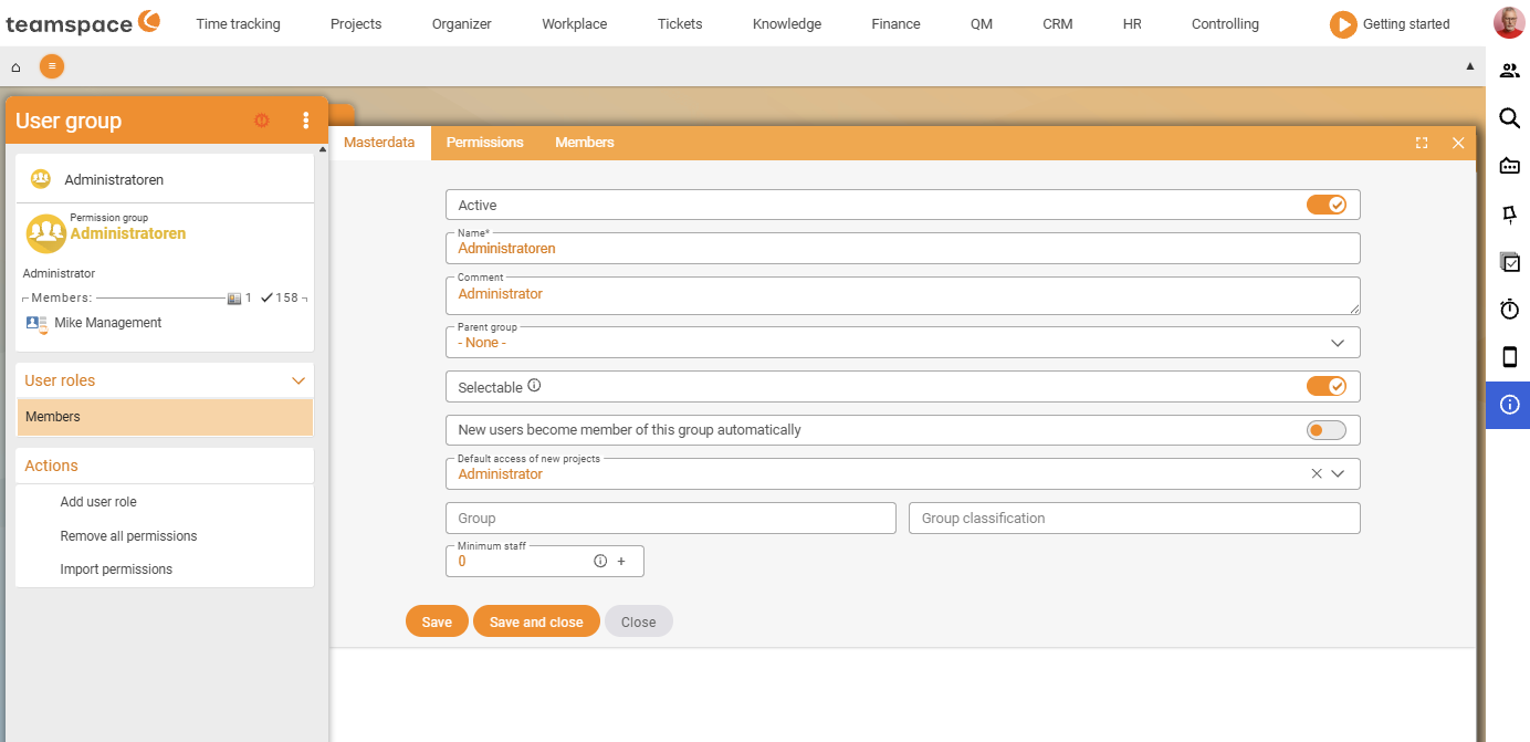 Master data tab of the Employees user group with the fields Active, Name, Remark, Parent group, Selectable, New users automatically members, Default project role (Colleague) and Minimum staffing