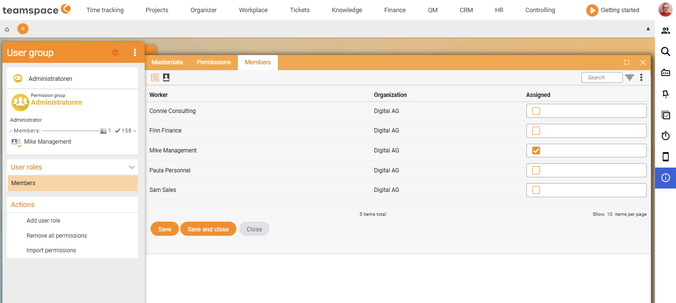 Members tab of a user group with the table Employee, Organisation and Assigned, plus the membership counts in the left sidebar