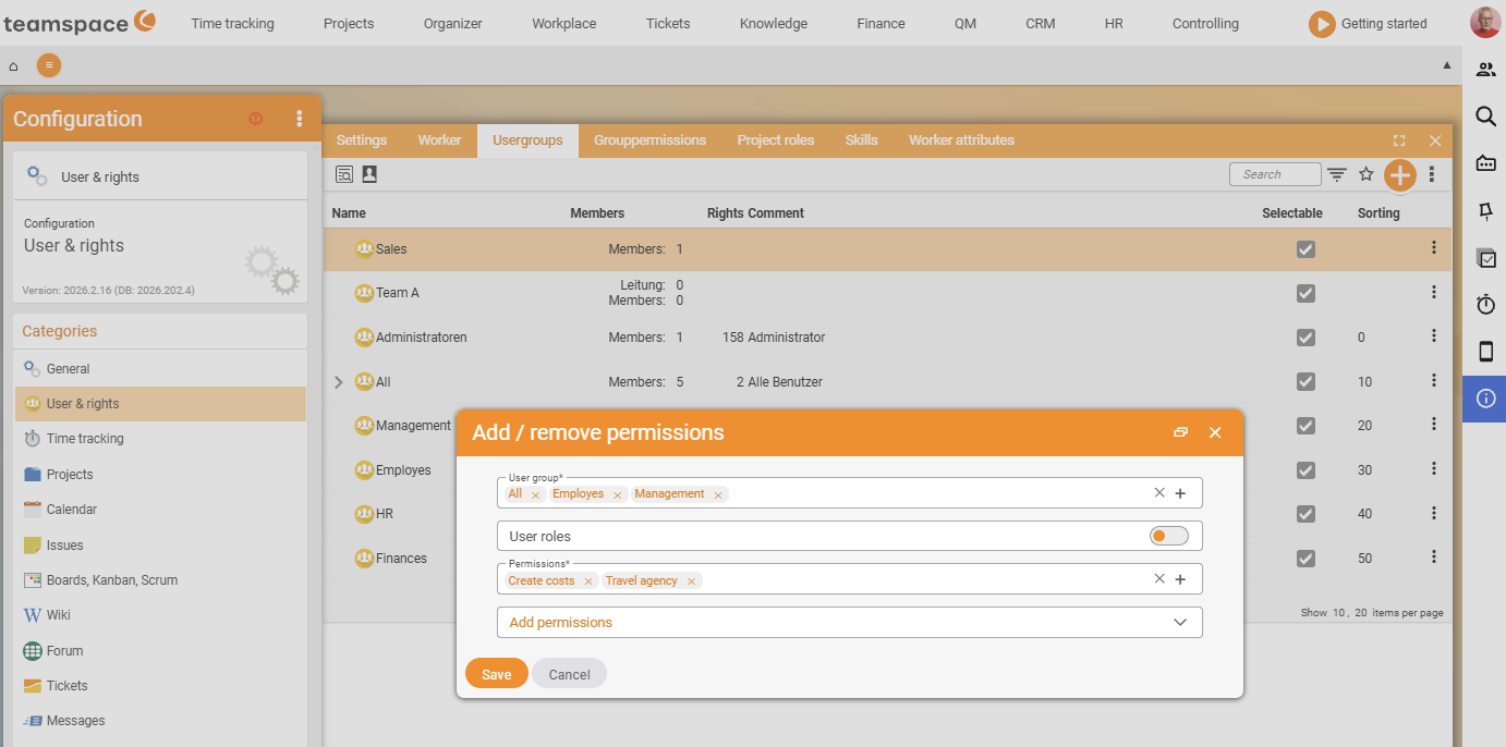 Add / remove permissions dialog with selected user groups (Management, Employees) and permissions (Project rights, Milestones) above the group list
