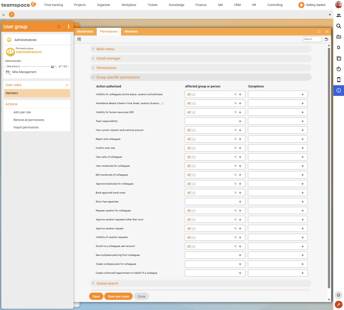 Expanded Group-specific permissions accordion with operations such as colleague visibility and attendance details, plus the columns Affected group or person and Exceptions