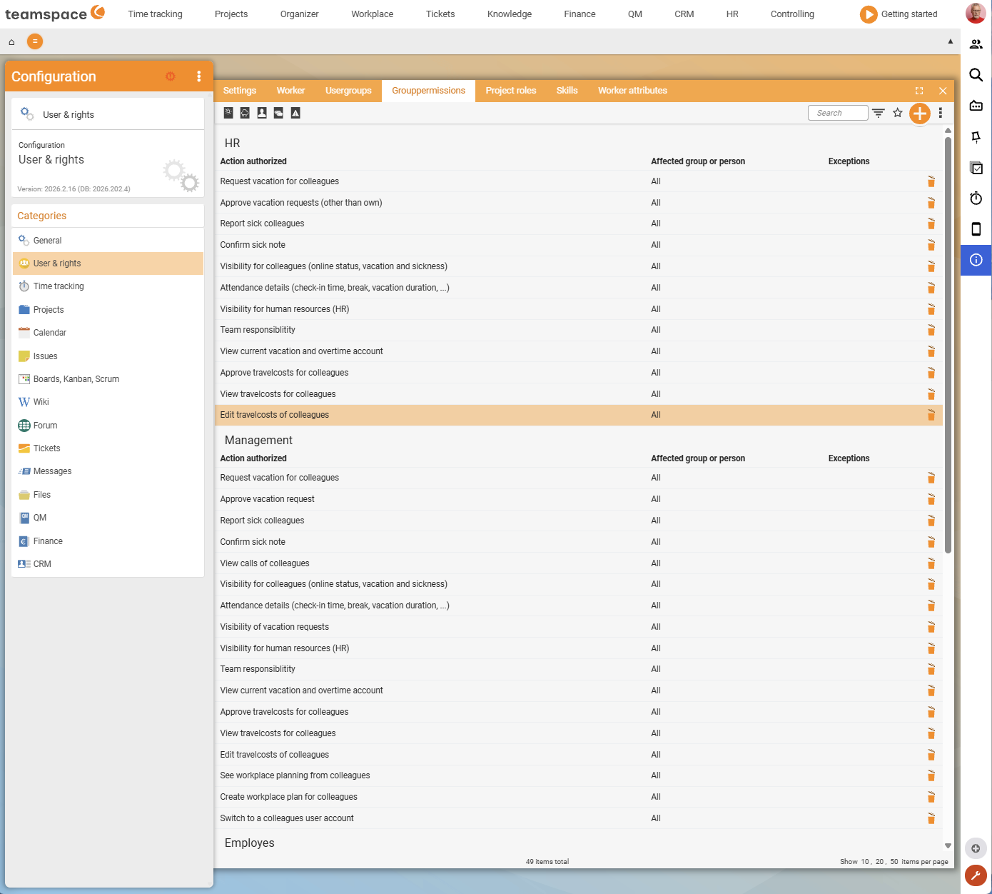 Group rights tab with all rules, grouped by authorised group (HR, Management, Employees), and quick filters in the toolbar