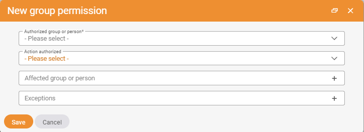 New group permission dialog with the fields Authorised group or person, Authorised operation, Affected group or person and Exceptions