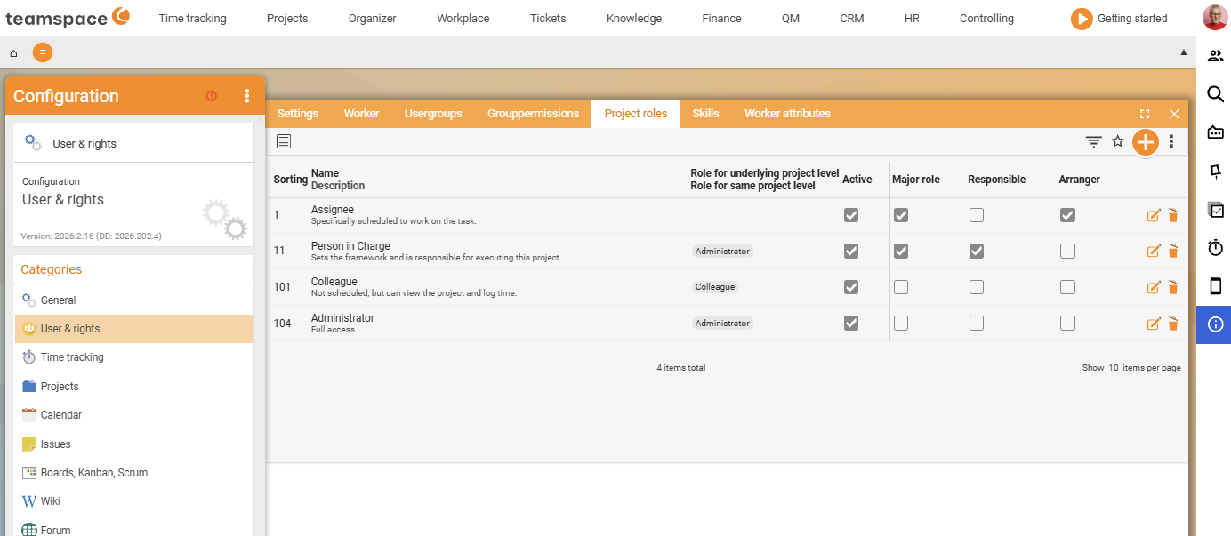 Project roles tab with the roles Assignee, Responsible, Colleague and Administrator and the columns Active, Main role, Responsible and Assignee