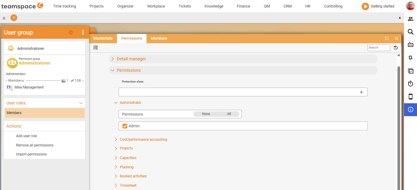 Permissions accordion of a user group, Administrator rights section with the Tenant admin option highlighted