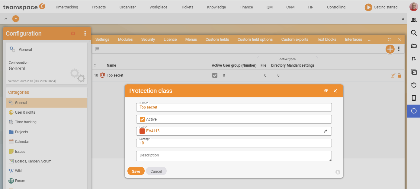 General configuration with the Protection class dialog: Name Top secret, Active, Colour and Sorting