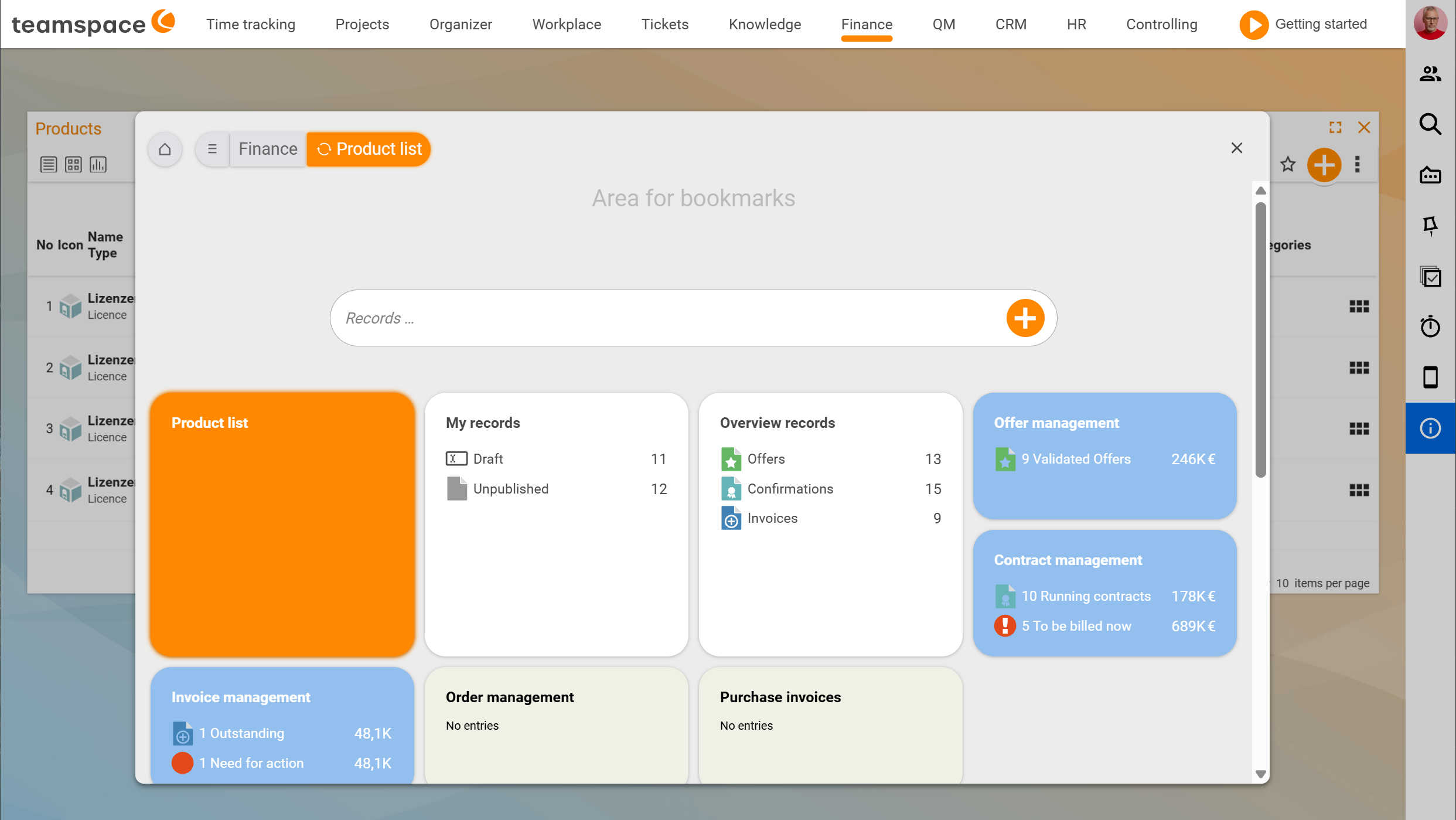 Finance module modal with the Product list tile (empty) and the Purchase and contract management tile (No entries) in the bookmarks area
